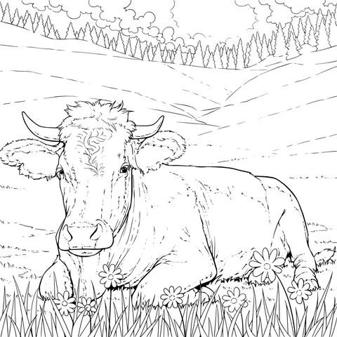 A Cow Resting on the Grass