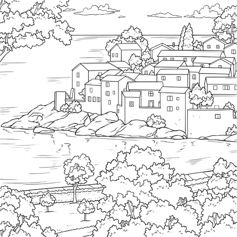Scenery of a riverside town