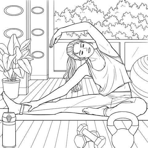 A woman doing stretching exercises on the balcony