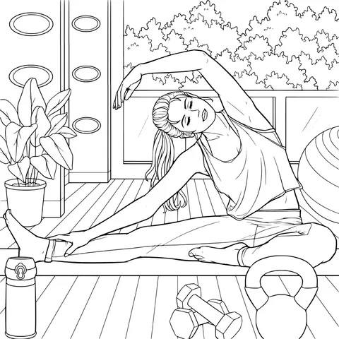 A woman doing stretching exercises on the balcony