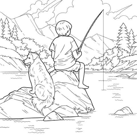 Boy and dog fishing by the lake
