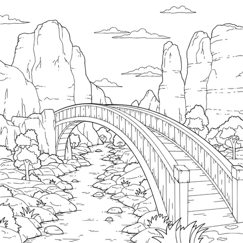 Wooden Bridge and Stream in the Mountains