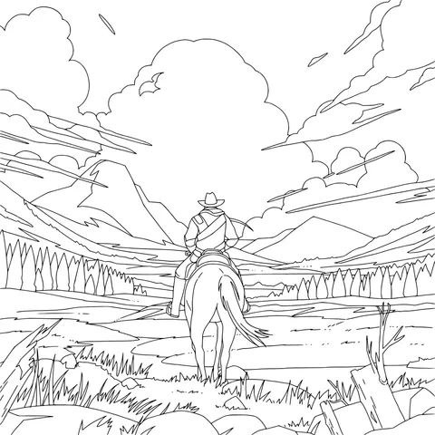 A traveler on horseback in the prairie