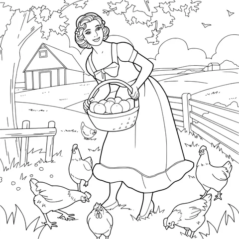 Lady with a Basket and Chickens on the Farm