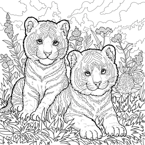 Two tigers in the flower - bed
