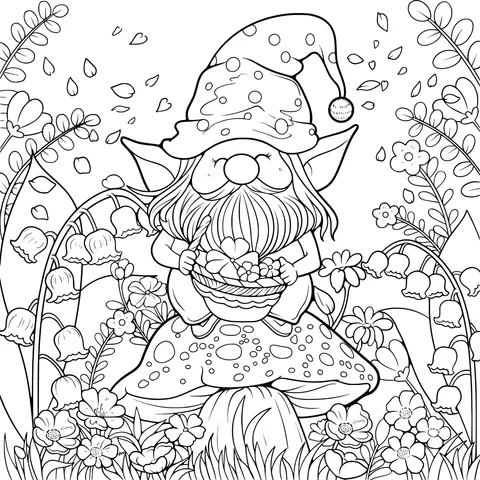Flower - loving gnome sitting on a mushroom