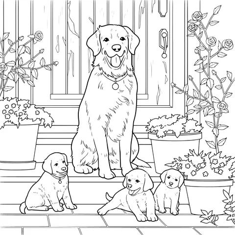 Golden Retriever Family in Front of the Door