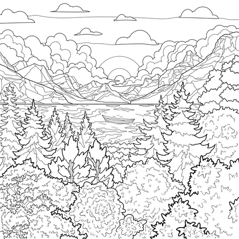 Beautiful Sunset Scenery by the Lakeside in the Mountains and Forests