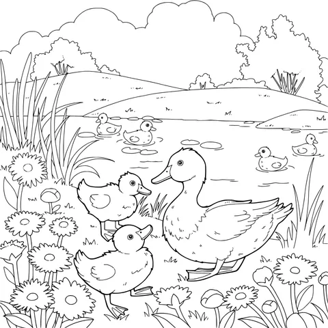 Mother Duck and Her Ducklings