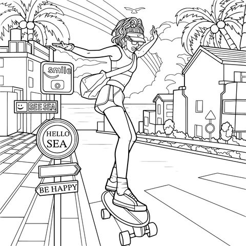 Skate - boarding Girl by the Sea