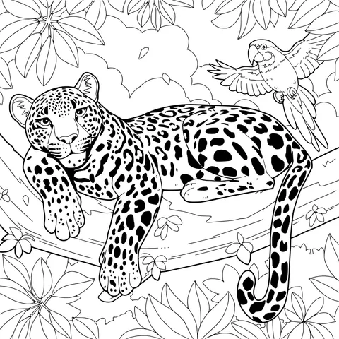 A resting jaguar on a tree and a flying parrot
