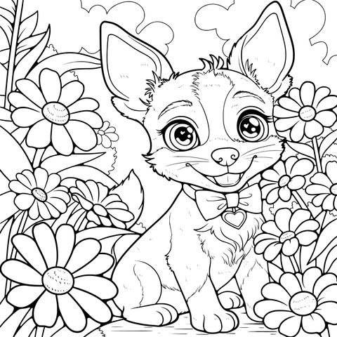 Puppy in the Flower Bed