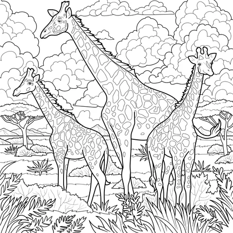 A giraffe family on the grassland