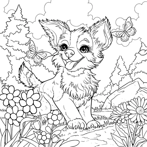 Happy Dog in the Flower Bed