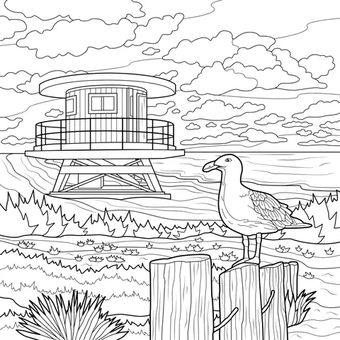 Seagull and Lifeguard Tower on the Beach