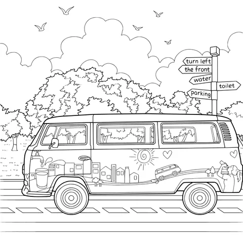 Colorful - patterned Camper Van and Road Signposts