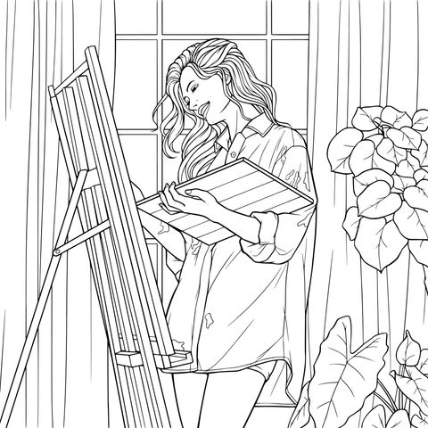 Mujer pintando al lado de la ventana