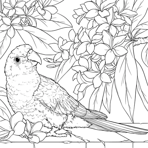 Parrot and Blooming Flowers