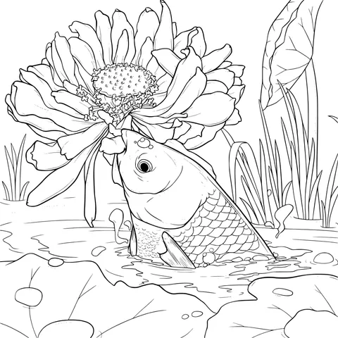 Carp playing with lotus flower