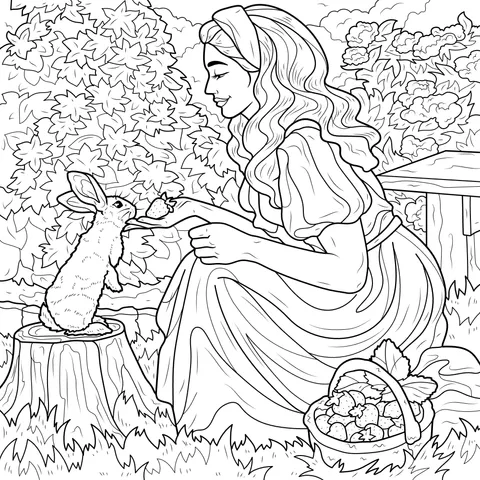 Woman sharing strawberries with a rabbit
