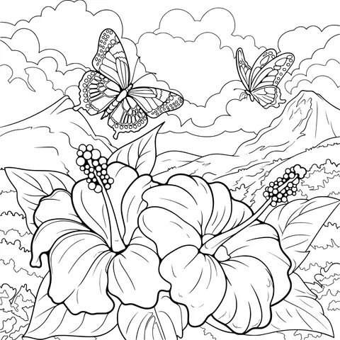 Butterflies and Distant Mountains among Flowers