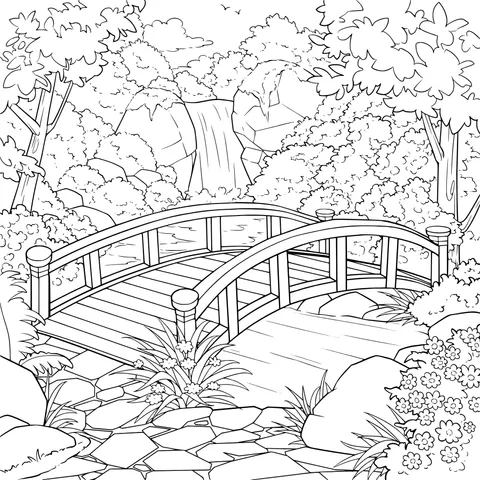 Wooden Bridge and Waterfall in the Forest