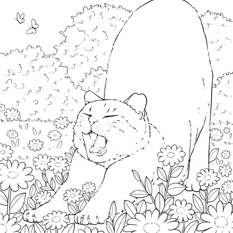 A yawning cat in the flower - bed