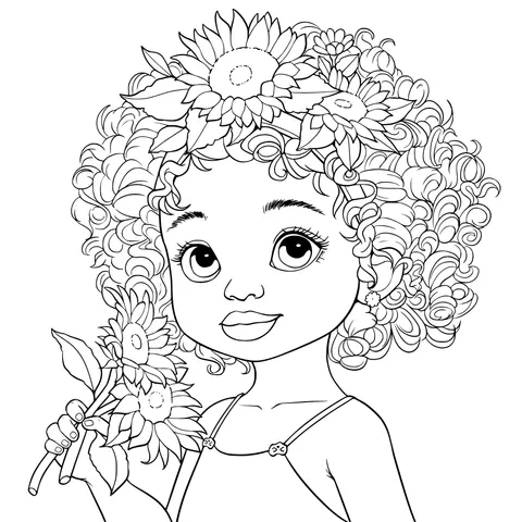 Curly - haired girl holding sunflowers