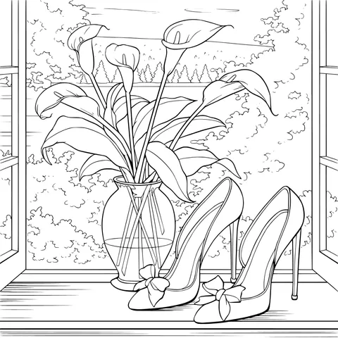 Red High - heeled Shoes and Calla Lilies by the Window