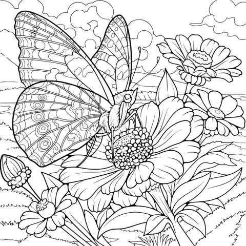 Página para colorear de mariposa y flores