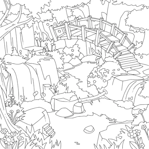 Wooden Bridge and Stream in the Forest