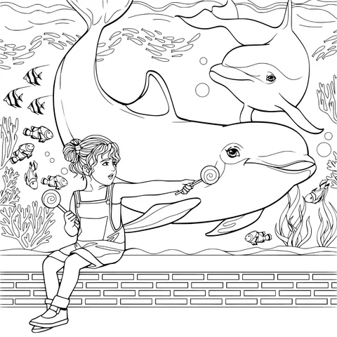 Sweet Interaction between a Girl and Dolphins