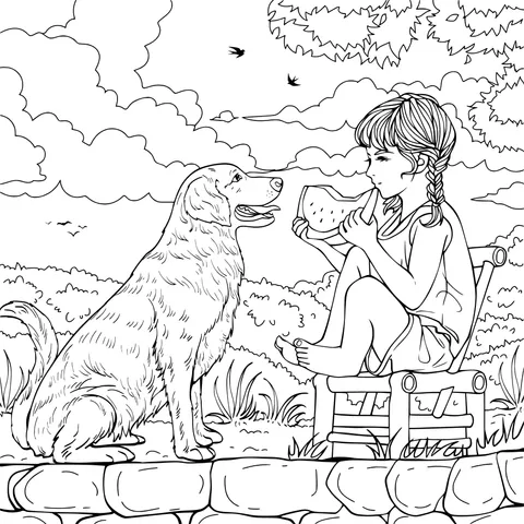 A girl and a dog enjoying a watermelon together