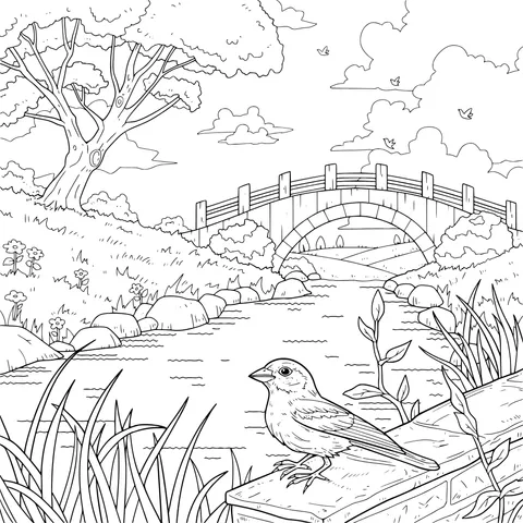 Blue Bird by the River and the Scenic Bridge