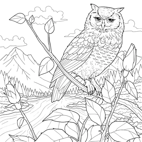 An owl perched in a scenic landscape