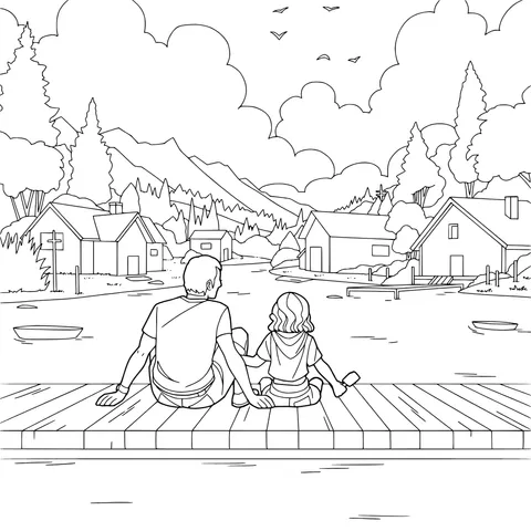 Warm - time of father and daughter at the lakeside dock