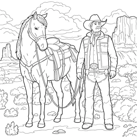 Cowboy and horse standing in the desert
