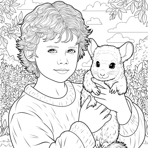 Heart - warming Moment of a Boy and a Chinchilla Coloring Page