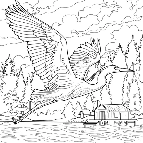 Flying Bird and Cabin by the Lake