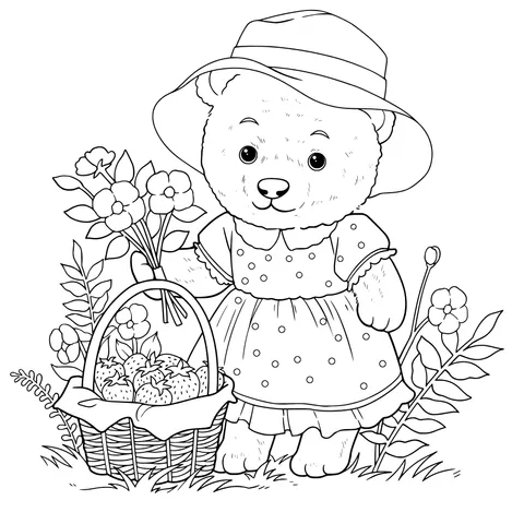 Teddy bear picking strawberries with a basket
