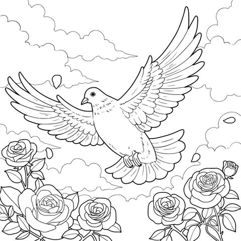 White Dove Flying Over a Rosebush