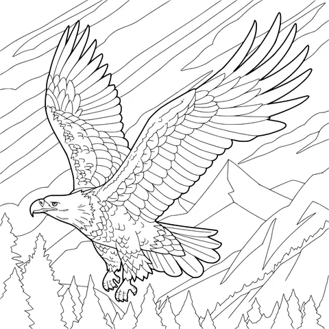 Eagle Soaring among Mountains and Forests