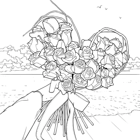 Heart - shaped bouquet of roses by the seaside