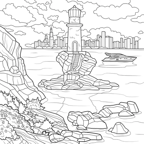 Lighthouse by the Sea and Cityscape