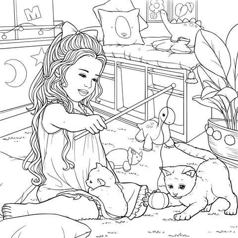 Little girl playing with cats