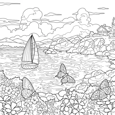 Beautiful Scenery of Butterflies, Flowers and Sailboat by the Seashore
