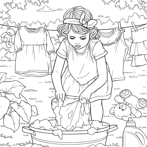 Girl washing clothes outdoors