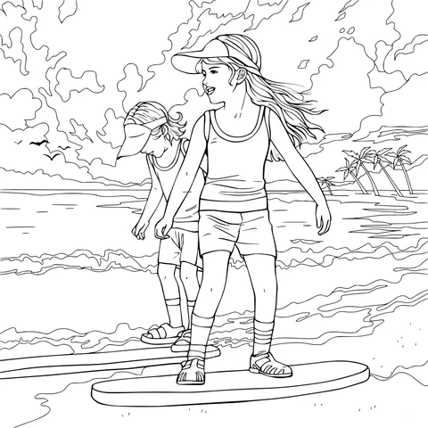 Children Surfing by the Sea