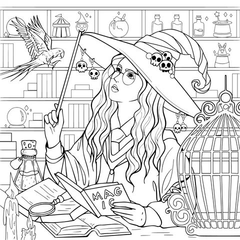 A witch studying magic in a magical study