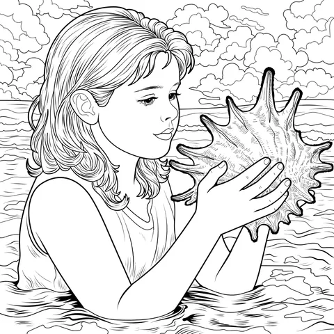 Girl holding a shell in the sea